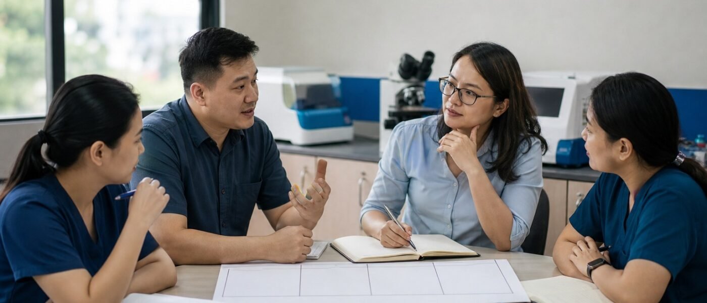 Filipino laboratory science educators discuss a teaching proposal around a meeting table with notebooks and a four-part planning sheet.