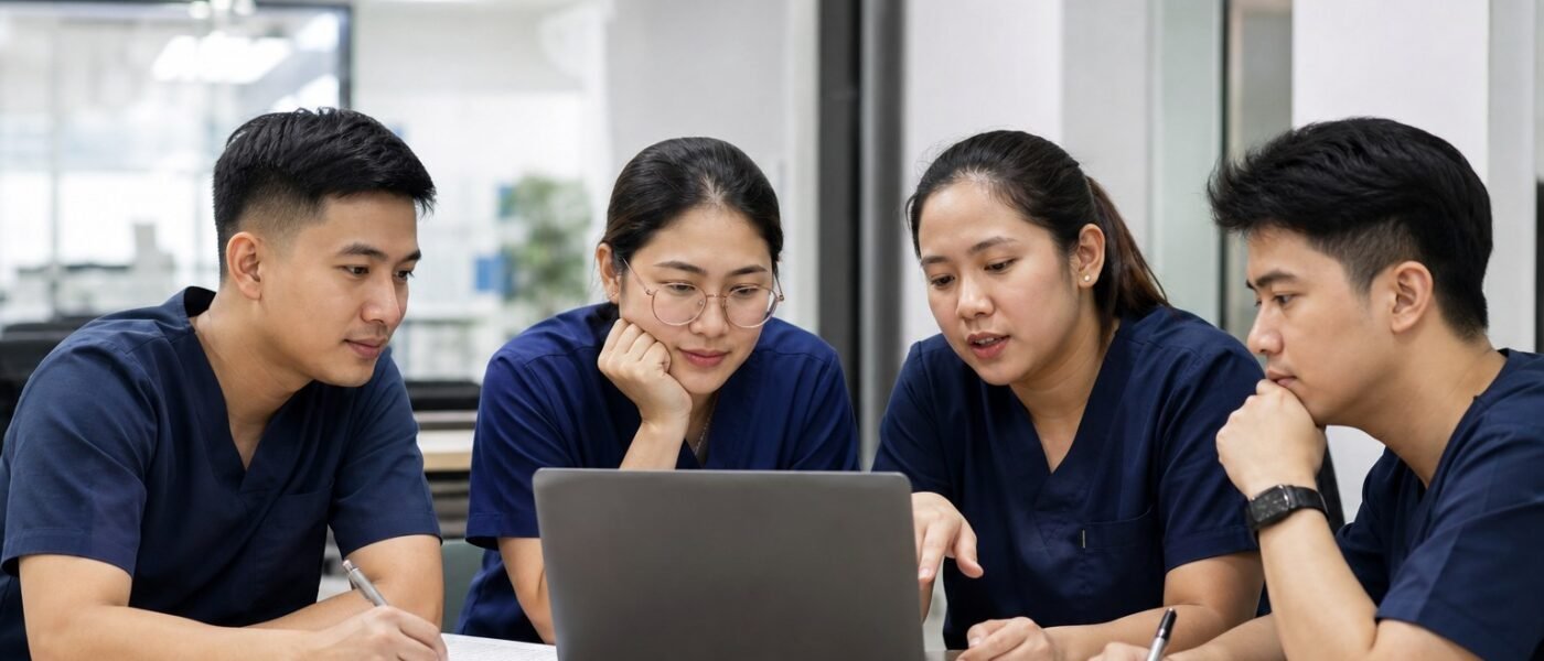 Adult Filipino professionals discussing an article on a laptop around a table with open notebooks.